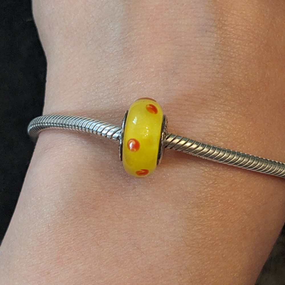 Pandora Yellow and Orange Polka Dot Murano Glass + Sterling Silver Charm